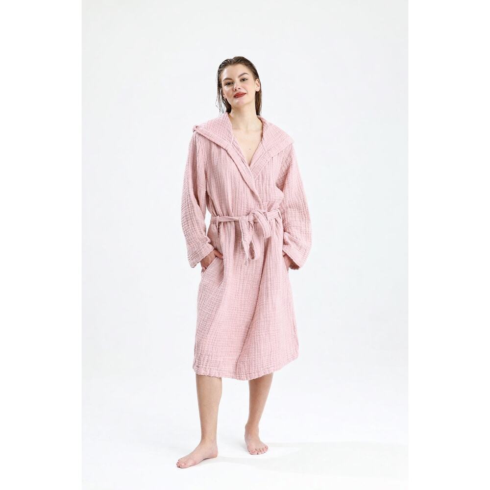 Noapure Muslin Cotton Hooded Bathrobe Pink Size 2 Lounge Comfort Made In Turkey